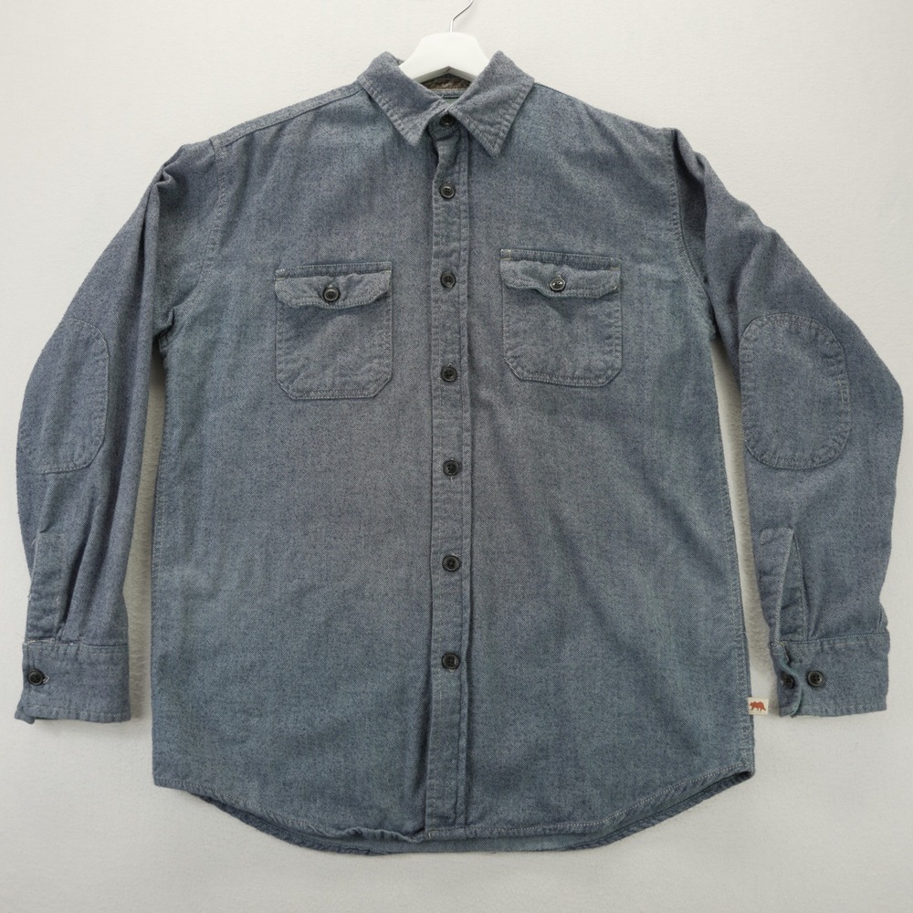Dakota Grizzly Mens Large Blue Flannel Shirt Elbow Patches Cotton Button Down